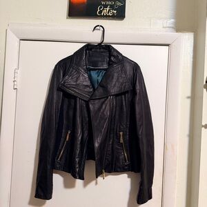 Elite Tahari Black Leather Jacket with Gold Accents